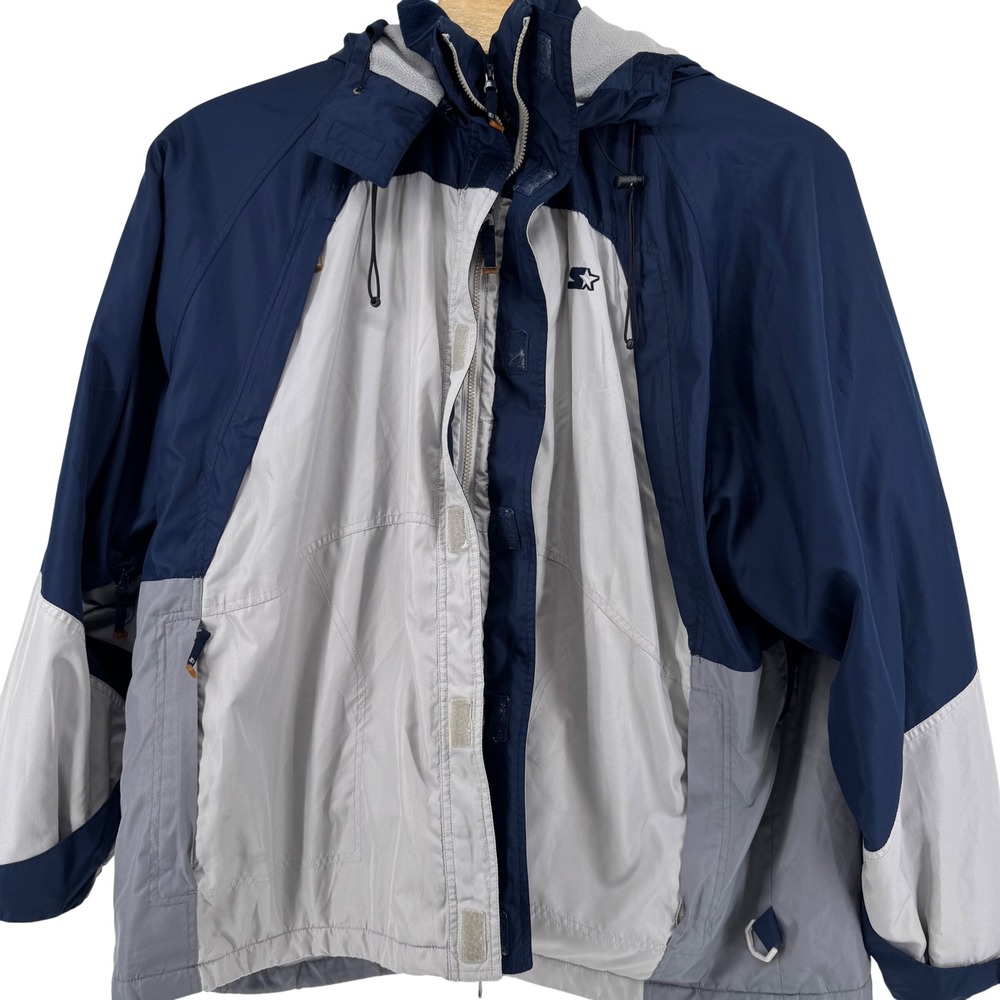 VTG Starter Hooded Windbreaker Jacket Men 3XL Navy Blue Grey Fleece Lined Sporty